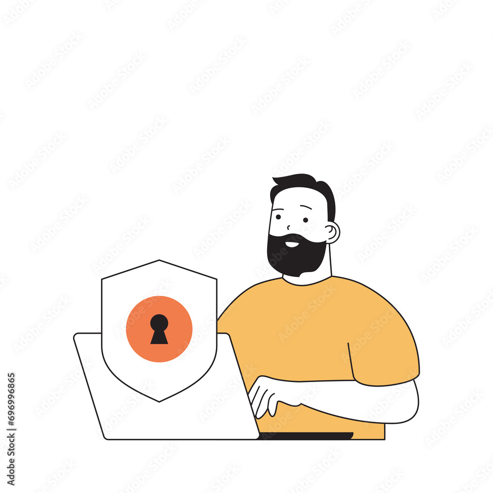 Aufkleber cyber security concept with cartoon people in flat design for web. man using protection system for s