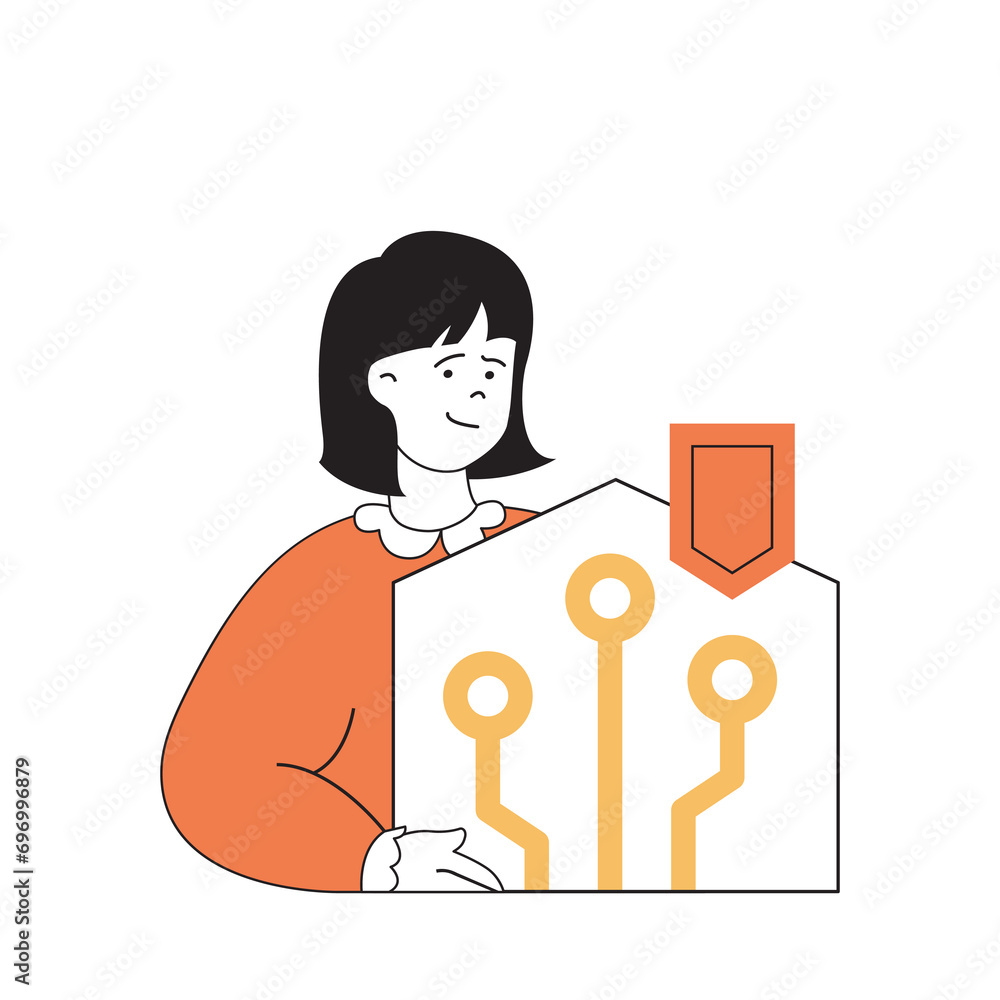 Poster cyber security concept with cartoon people in flat design for web. woman using protection system fro