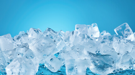 Side view of frosty frozen cushed ice cubes on a blue background, refreshing, cold, ready for adding to a cold drink in a celebration, party,  or adding to a frozen fruit smoothie or blended dessert