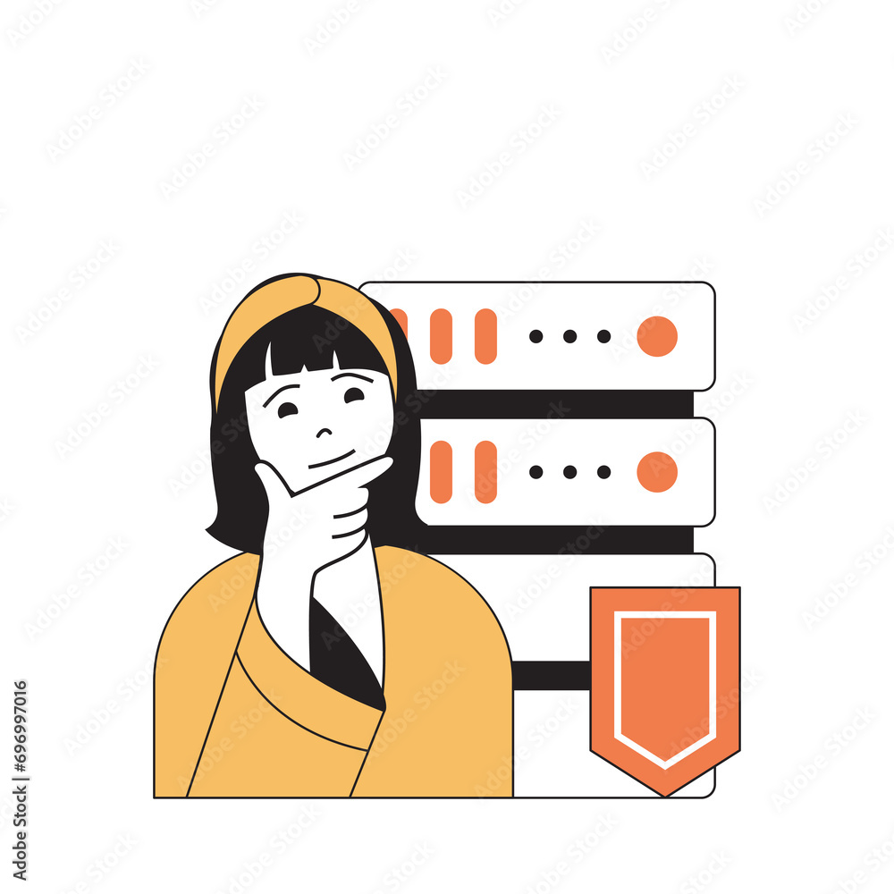 Poster cyber security concept with cartoon people in flat design for web. woman using shield protection sys