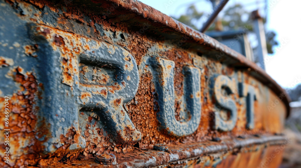 Poster a close up of rust on a rusty iron with the word 'rust' written in it, ai