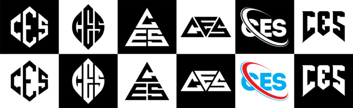 CES letter logo design in six style. CES polygon, circle, triangle, hexagon, flat and simple style with black and white color variation letter logo set in one artboard. CES minimalist and classic logo