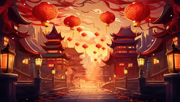 Traditional Chinese New Year illustration. Red lanterns, golden dragons, and plum blossoms set against a backdrop of an ancient Chinese town.