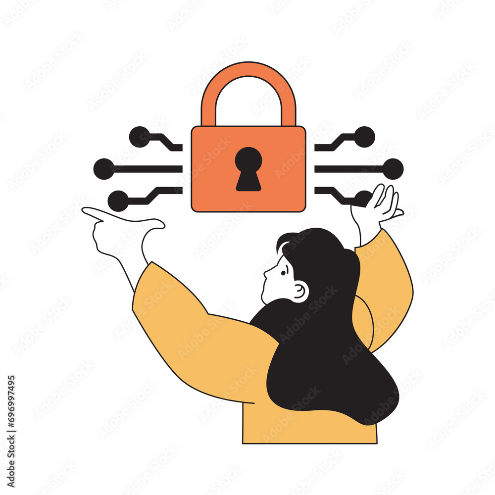 Aufkleber cyber security concept with cartoon people in flat design for web. woman using internet security sys