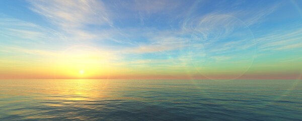 Panorama of sea sunset, ocean sunrise, seascape, 3d rendering
