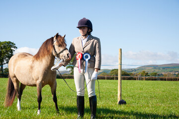 Show time- pretty young woman wearing rosettes that her pony horse has won in competition at agricultural show in rural Shropshire.