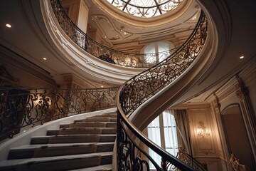 the allure of a high-end residence through a captivating image of an interior staircase, seamlessly intertwining in a symphony of luxury