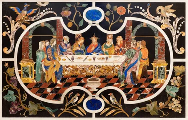 Fototapeten VICENZA, ITALY - NOVEMBER 7, 2023: The stone mosaic (Pietra Dura) of Last Supper on the main altar in the chruch Chiesa di Santa Corona by Corbarelli  (1670-1671). © Renáta Sedmáková