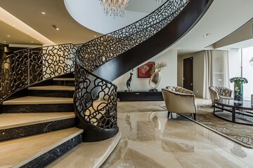 the allure of luxury living through a visually striking image featuring an intricately designed intertwining staircase, a hallmark of modern interior elegance - obrazy, fototapety, plakaty