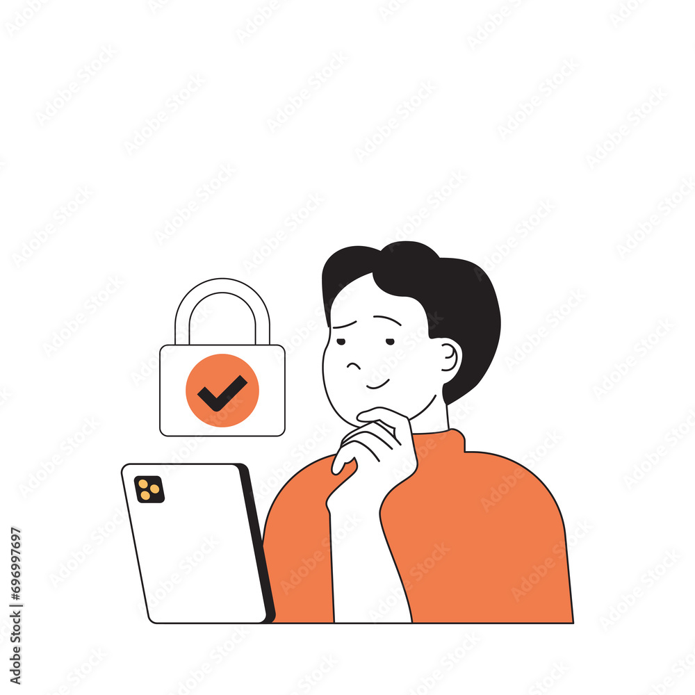 Fototapete cyber security concept with cartoon people in flat design for web. man uses security system with pad