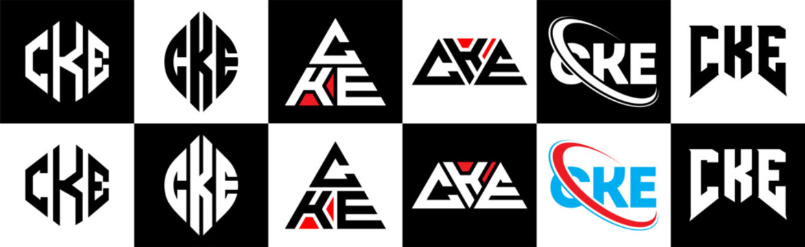 CKE letter logo design in six style. CKE polygon, circle, triangle, hexagon, flat and simple style with black and white color variation letter logo set in one artboard. CKE minimalist and classic logo