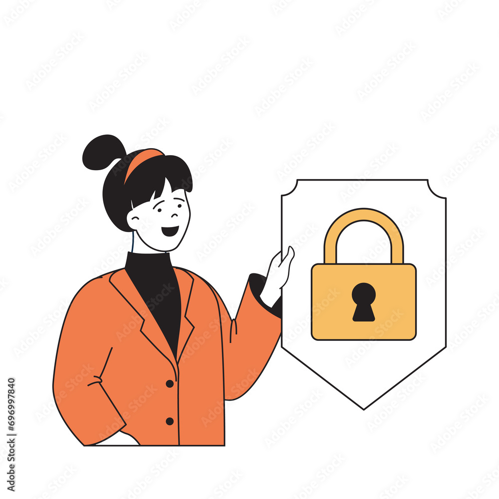 Aufkleber Cyber security concept with cartoon people in flat design for web. Woman uses security system with padlock access and safety key. Vector illustration for social media banner, marketing material.