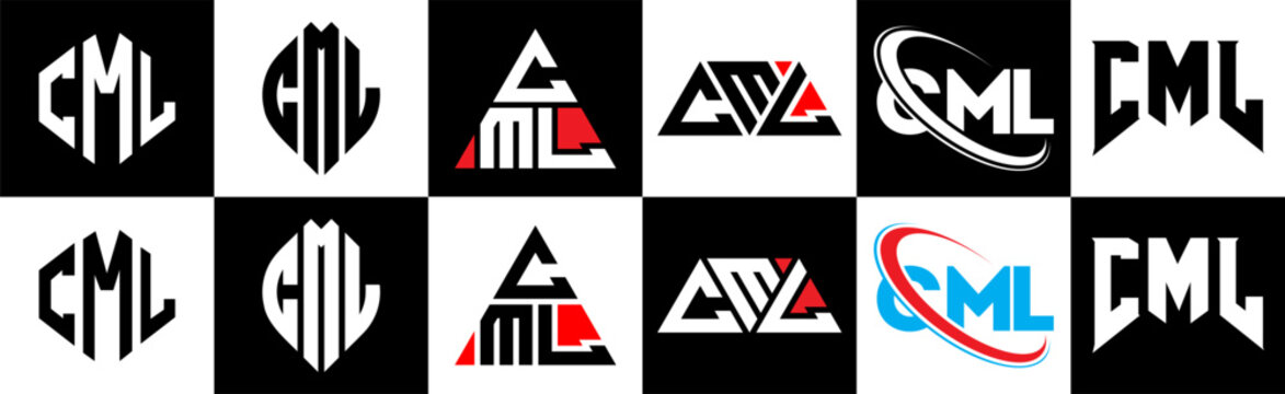 CML letter logo design in six style. CML polygon, circle, triangle, hexagon, flat and simple style with black and white color variation letter logo set in one artboard. CML minimalist and classic logo