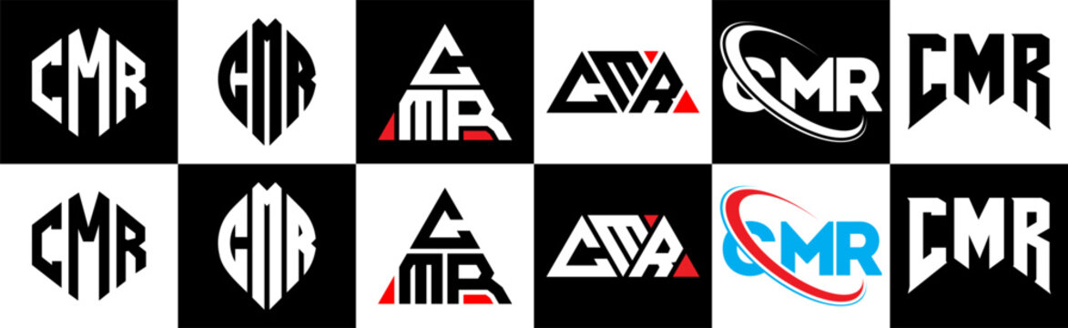 CMR letter logo design in six style. CMR polygon, circle, triangle, hexagon, flat and simple style with black and white color variation letter logo set in one artboard. CMR minimalist and classic logo