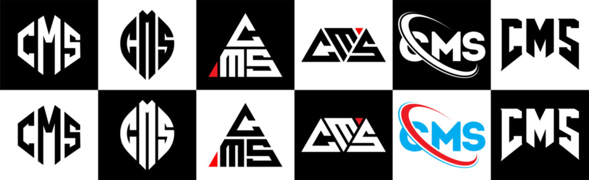 CMS letter logo design in six style. CMS polygon, circle, triangle, hexagon, flat and simple style with black and white color variation letter logo set in one artboard. CMS minimalist and classic logo