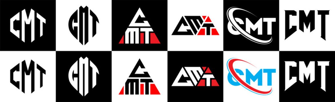 CMT letter logo design in six style. CMT polygon, circle, triangle, hexagon, flat and simple style with black and white color variation letter logo set in one artboard. CMT minimalist and classic logo