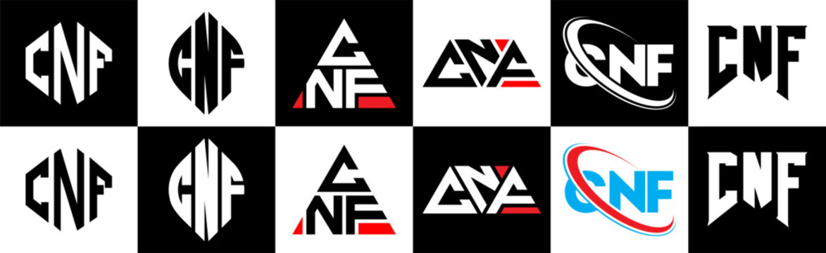 CNF letter logo design in six style. CNF polygon, circle, triangle, hexagon, flat and simple style with black and white color variation letter logo set in one artboard. CNF minimalist and classic logo