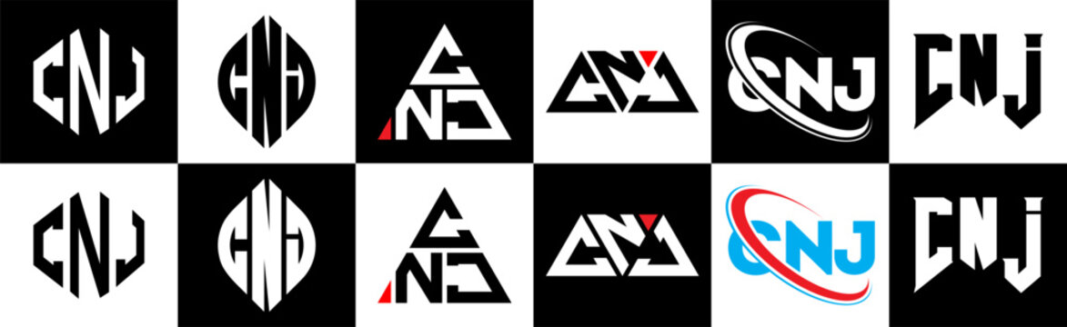 CNJ letter logo design in six style. CNJ polygon, circle, triangle, hexagon, flat and simple style with black and white color variation letter logo set in one artboard. CNJ minimalist and classic logo