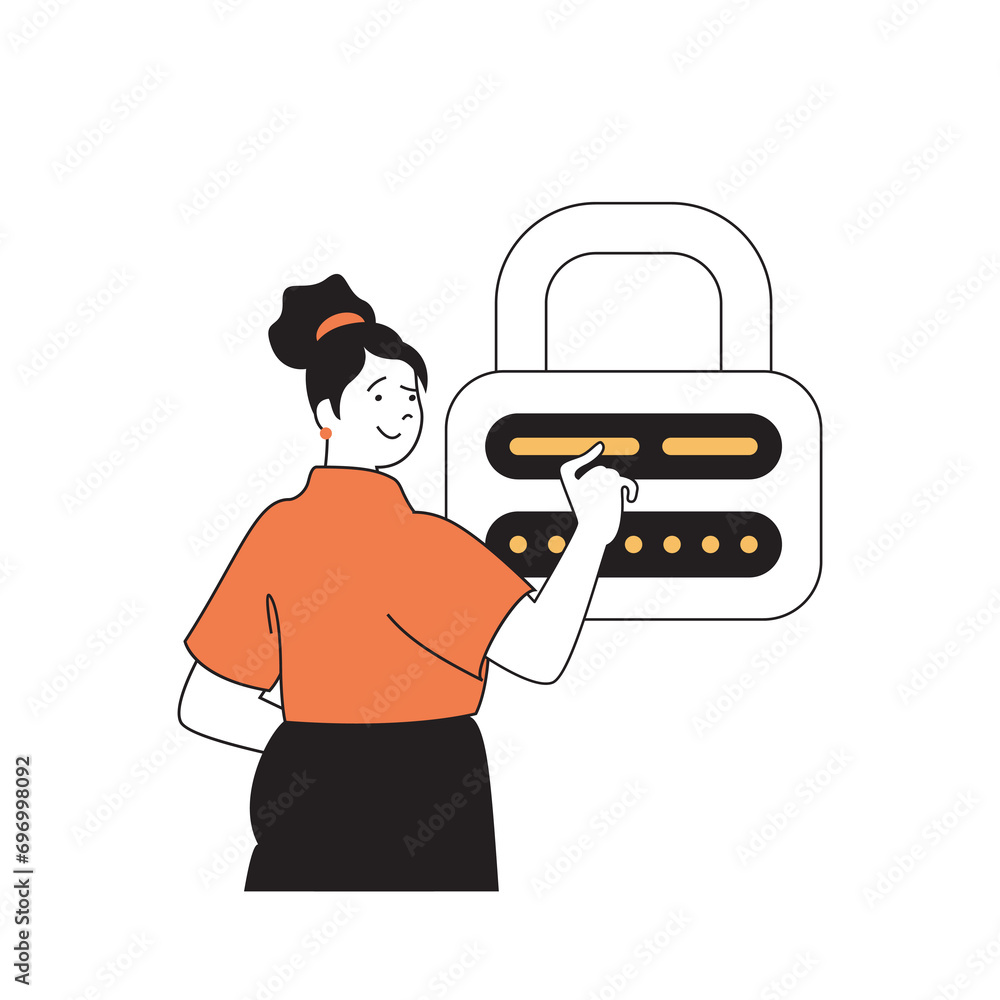 Poster cyber security concept with cartoon people in flat design for web. woman using safety connect and fi