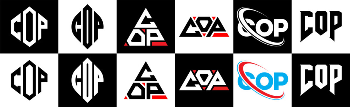 COP letter logo design in six style. COP polygon, circle, triangle, hexagon, flat and simple style with black and white color variation letter logo set in one artboard. COP minimalist and classic logo