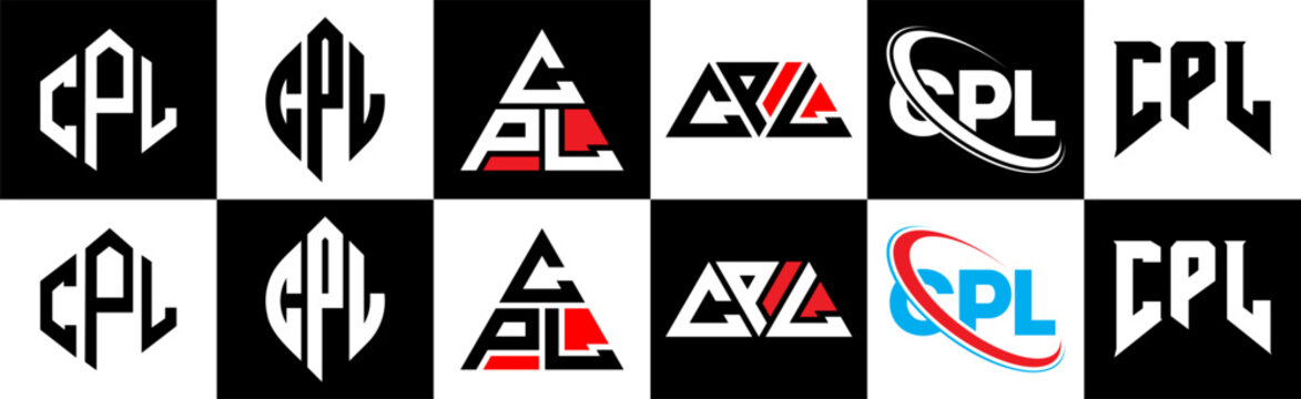 CPL letter logo design in six style. CPL polygon, circle, triangle, hexagon, flat and simple style with black and white color variation letter logo set in one artboard. CPL minimalist and classic logo