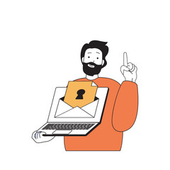 Cyber security concept with cartoon people in flat design for web. Man receives phishing email and system protects his private data. Vector illustration for social media banner, marketing material.