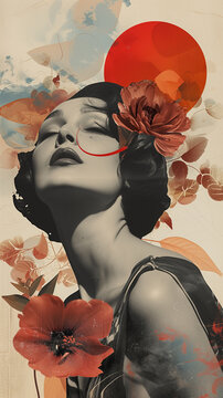 Modernist collage of a 1950s woman's face in black and white with floral cut-out shapes on background; digital art for vertical cinematic poster; retro vintage art; sensuality of a diva with flowers.