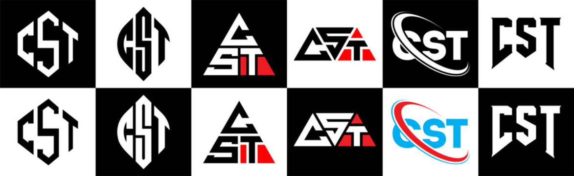 CST letter logo design in six style. CST polygon, circle, triangle, hexagon, flat and simple style with black and white color variation letter logo set in one artboard. CST minimalist and classic logo