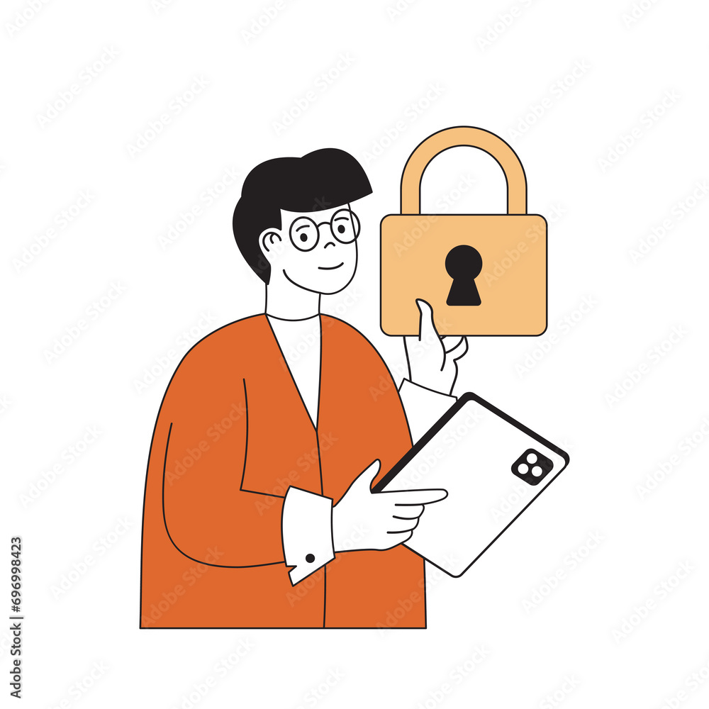 Fototapete cyber security concept with cartoon people in flat design for web. man using protection system with 