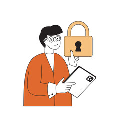 Cyber security concept with cartoon people in flat design for web. Man using protection system with safety passwords for all devices. Vector illustration for social media banner, marketing material.
