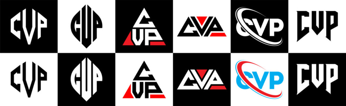 CVP letter logo design in six style. CVP polygon, circle, triangle, hexagon, flat and simple style with black and white color variation letter logo set in one artboard. CVP minimalist and classic logo