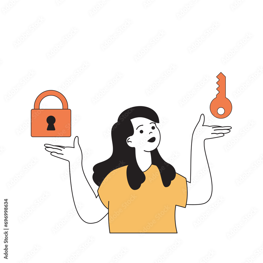 Poster cyber security concept with cartoon people in flat design for web. woman protecting digital data wit