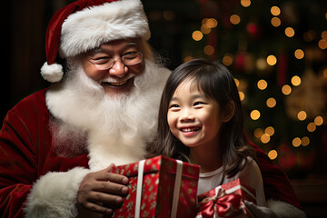 Fototapeta na wymiar Adorable Chinese, Asian, Oriental child with Santa Claus, Father Christmas, Saint Nicholas, Saint Nick, Kris Kringle, in red suit and hat. Cute, adorable, happy, laughing, joyous, love.