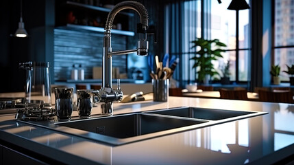 A crane in the kitchen with a modern chrome design