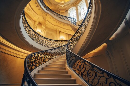 the luxury lifestyle through a visually striking image that focuses on the intertwining staircase as a symbol of opulent living