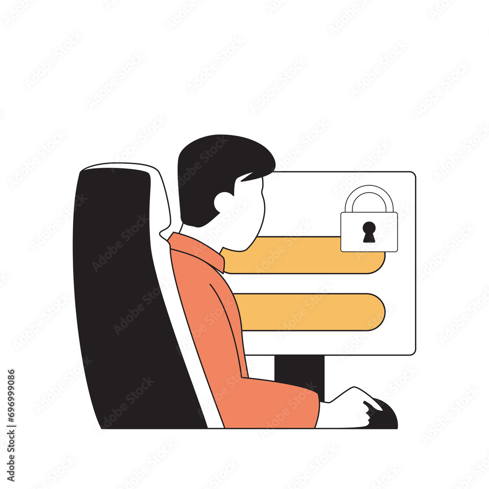 Fototapete Cyber security concept with cartoon people in flat design for web. Man creates security password to log into his computer account. Vector illustration for social media banner, marketing material.