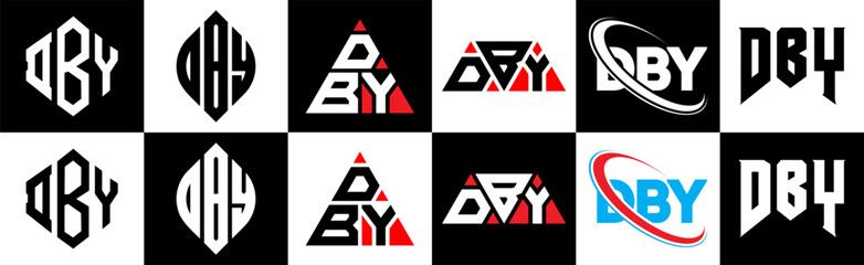 DBY letter logo design in six style. DBY polygon, circle, triangle, hexagon, flat and simple style with black and white color variation letter logo set in one artboard. DBY minimalist and classic logo