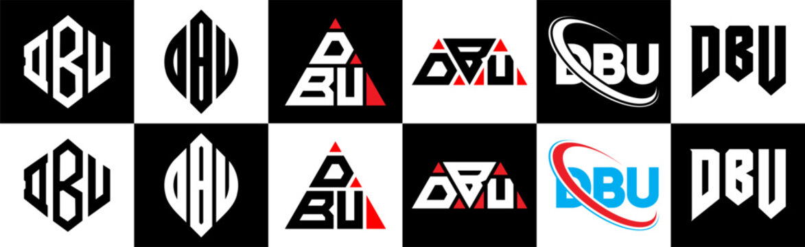 DBU letter logo design in six style. DBU polygon, circle, triangle, hexagon, flat and simple style with black and white color variation letter logo set in one artboard. DBU minimalist and classic logo