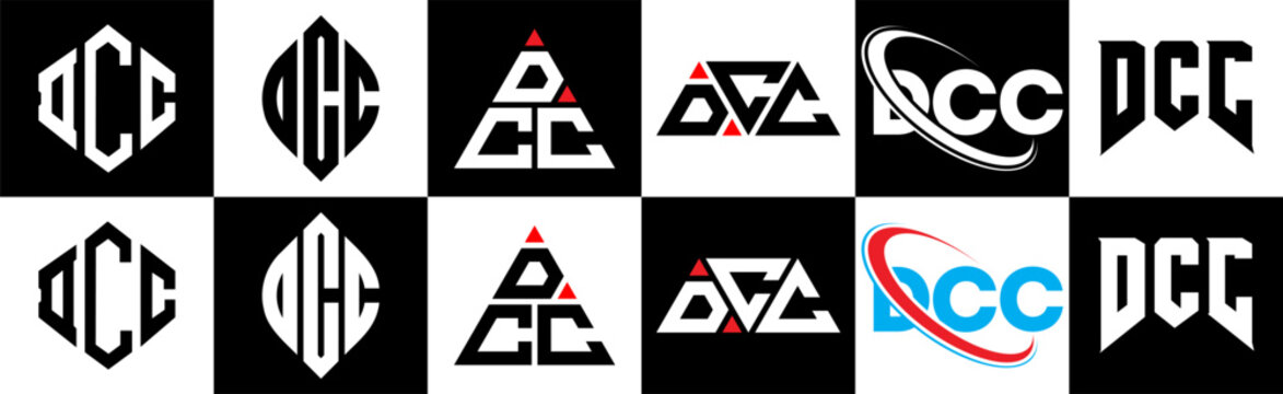 DCC letter logo design in six style. DCC polygon, circle, triangle, hexagon, flat and simple style with black and white color variation letter logo set in one artboard. DCC minimalist and classic logo