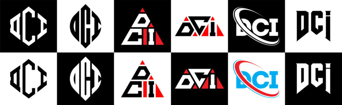 DCI letter logo design in six style. DCI polygon, circle, triangle, hexagon, flat and simple style with black and white color variation letter logo set in one artboard. DCI minimalist and classic logo