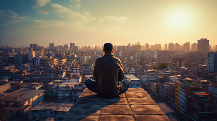 A photograph of a man sitting on the roof of the building with a view of the city panorama - obrazy, fototapety, plakaty