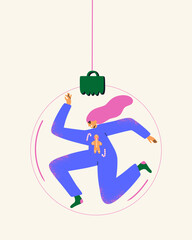 Christmas postcard with dancing woman in bubble toy. New year vector illustration for t shirt, card, print.