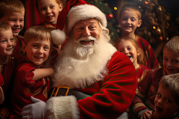 Fototapeta na wymiar Adorable child with Santa Claus, Father Christmas, Saint Nicholas, Saint Nick, Kris Kringle, in red suit and hat. Cute, adorable, happy, laughing, joyous, love.