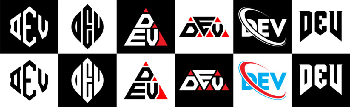 DEV letter logo design in six style. DEV polygon, circle, triangle, hexagon, flat and simple style with black and white color variation letter logo set in one artboard. DEV minimalist and classic logo