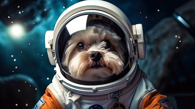Cosmonaut dog in a space suit with a helmet