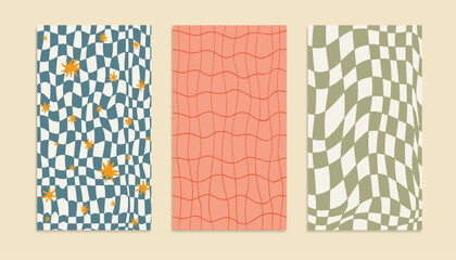 Abstract groovy aesthetic backgrounds. Checkerboard or pool hippie illustrations. Y2k aesthetic. Vector texture.