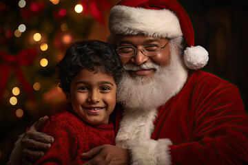 Adorable Indian, Mexican, latino child with Santa Claus, Father Christmas, Saint Nicholas, Saint Nick, Kris Kringle, in red suit and hat.  Cute, adorable, happy, laughing, joyous, love.