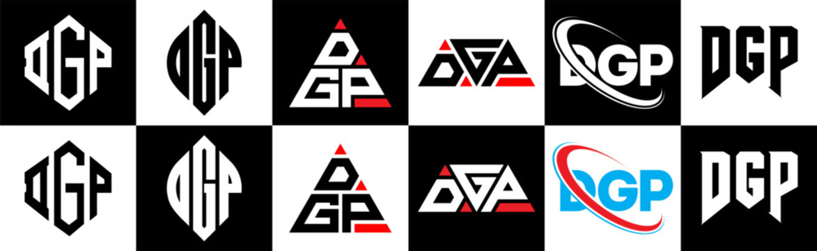 DGP letter logo design in six style. DGP polygon, circle, triangle, hexagon, flat and simple style with black and white color variation letter logo set in one artboard. DGP minimalist and classic logo