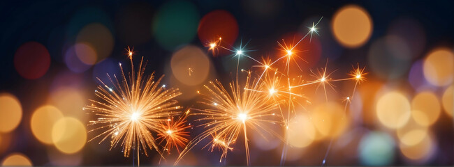 Closeup of sparkling sparklers and bokeh lights in the background. New Year's Eve 2024 party event celebration, holiday greeting card