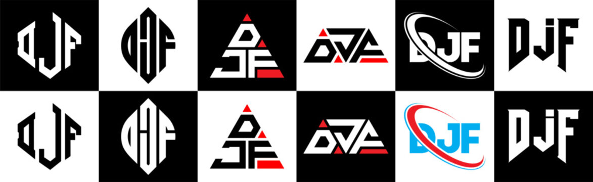 DJF letter logo design in six style. DJF polygon, circle, triangle, hexagon, flat and simple style with black and white color variation letter logo set in one artboard. DJF minimalist and classic logo